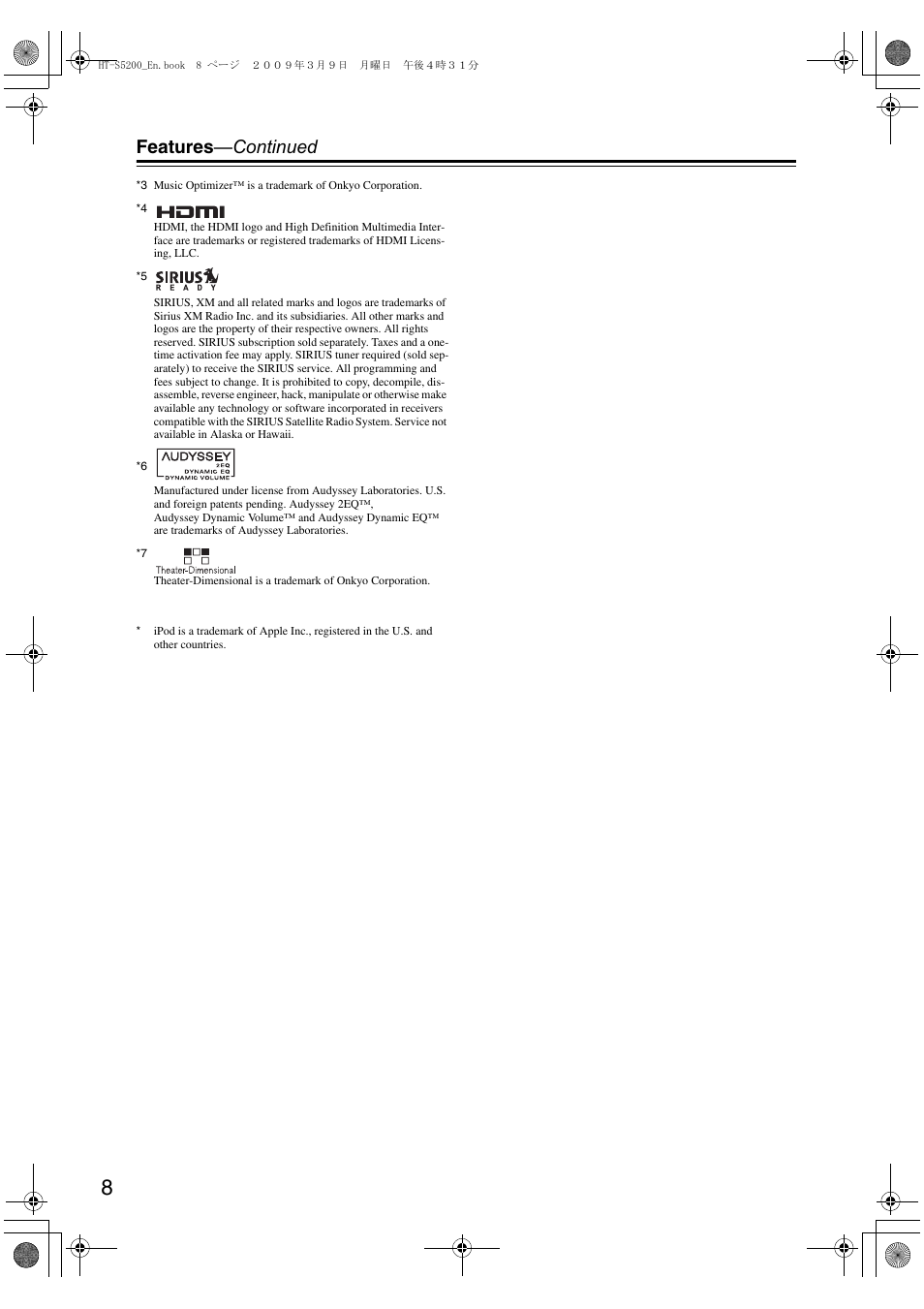 Features —continued | Onkyo 29344934 User Manual | Page 8 / 92