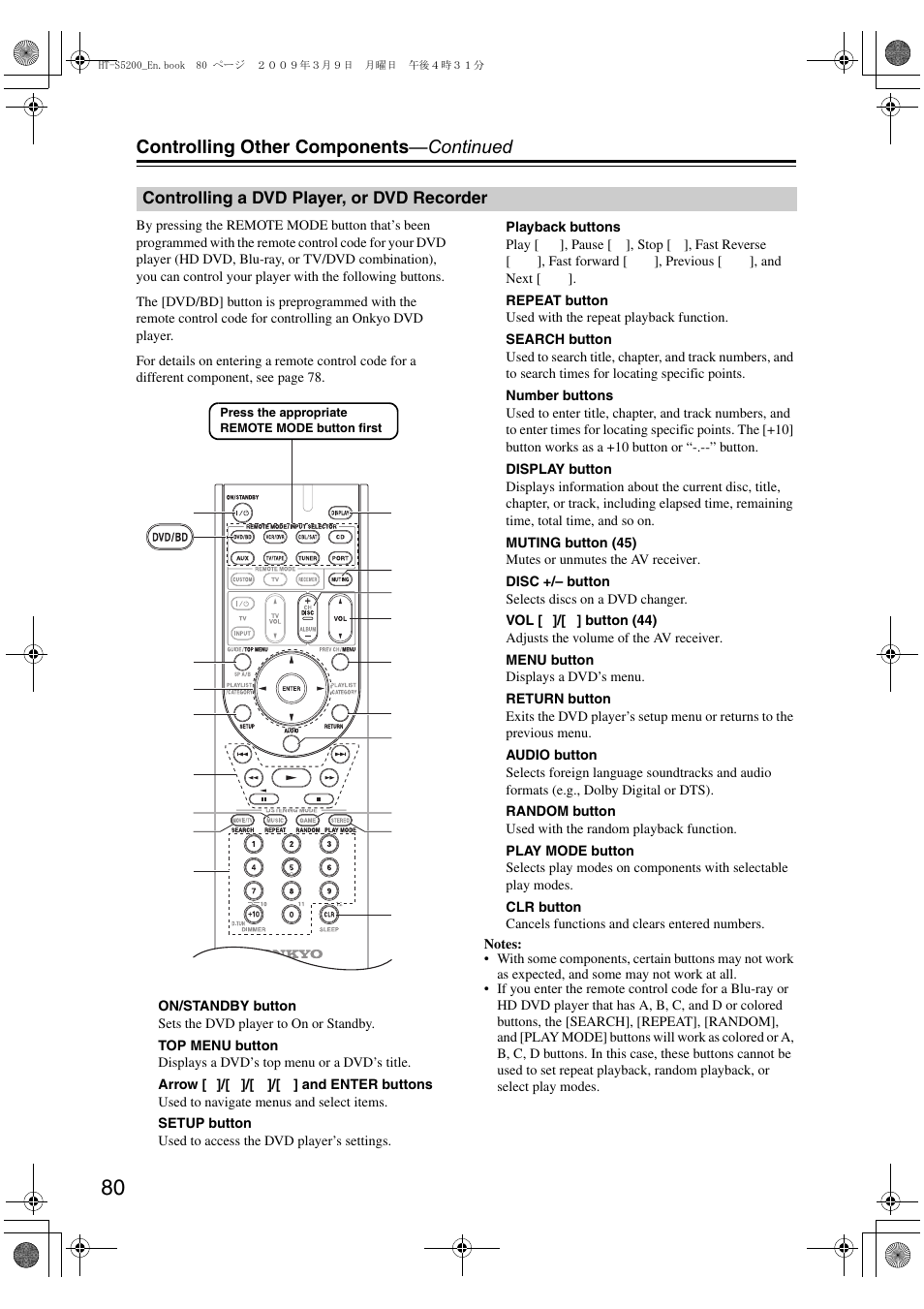 Controlling a dvd player, or dvd recorder, Controlling other components —continued | Onkyo 29344934 User Manual | Page 80 / 92