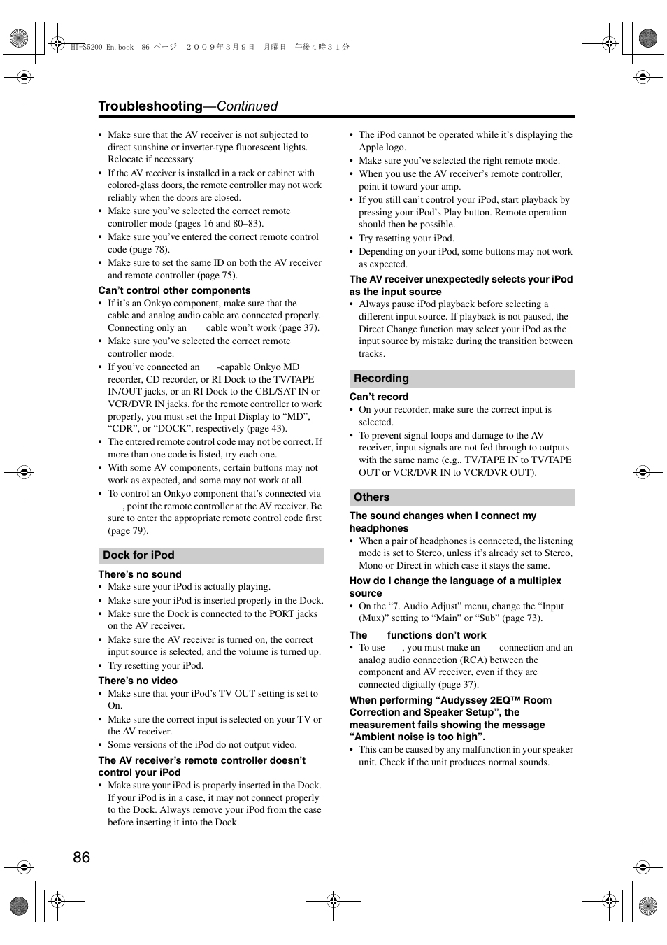 Troubleshooting —continued | Onkyo 29344934 User Manual | Page 86 / 92