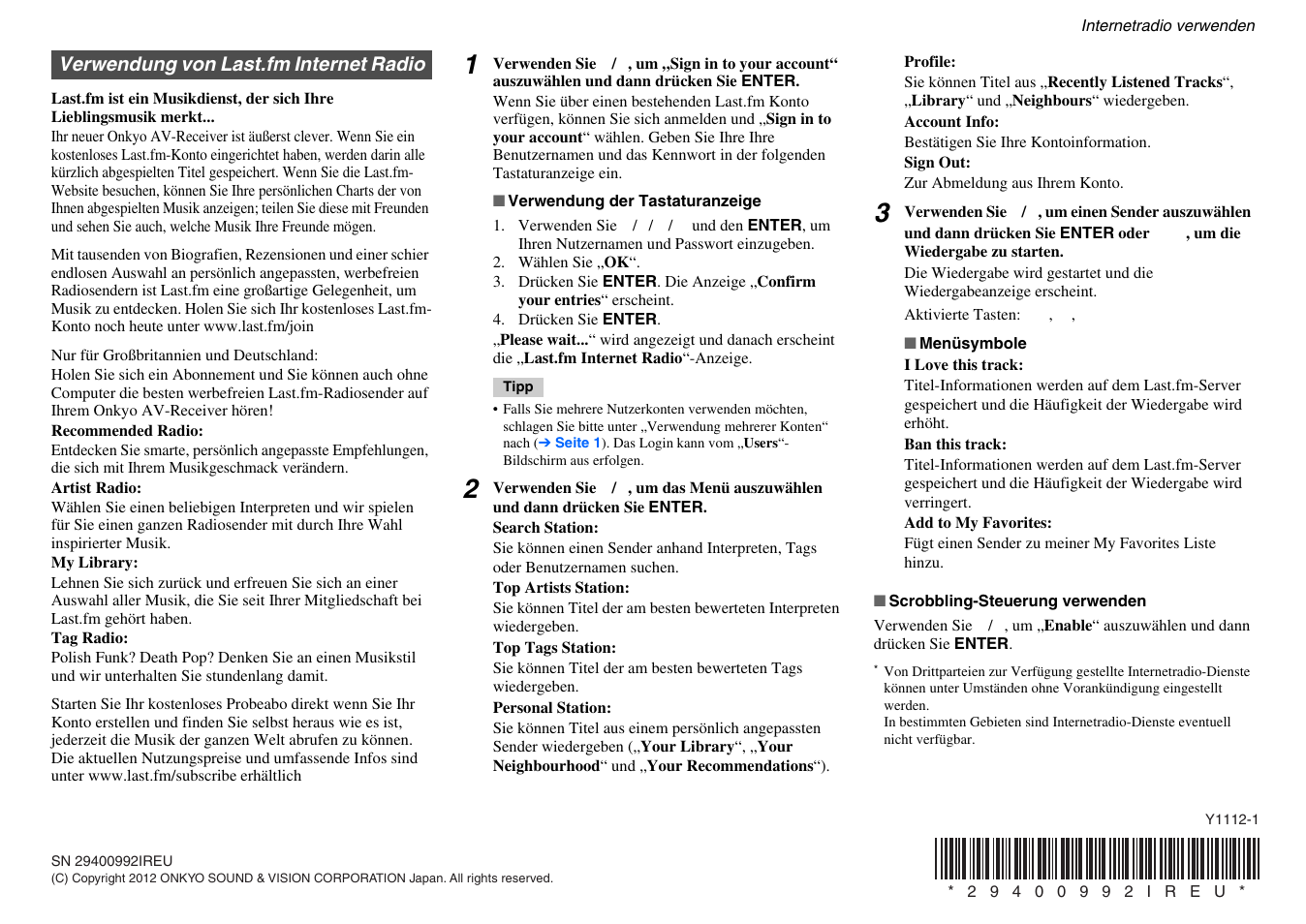 Verwendung von last.fm internet radio | Onkyo TX-NR414 User Manual | Page 108 / 128