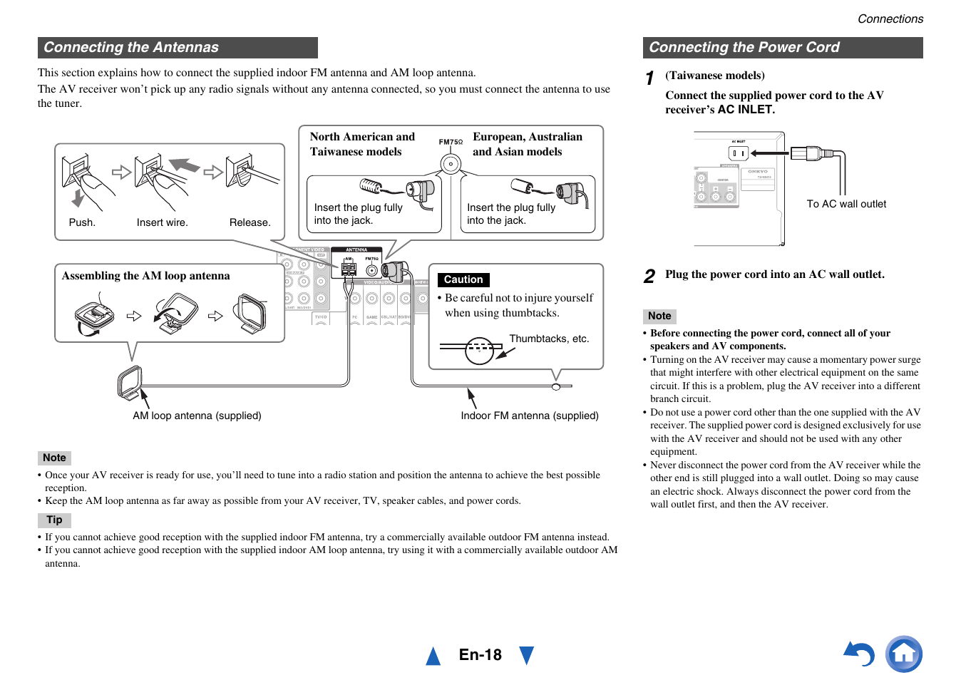 Connecting the antennas, Connecting the power cord, Dels) | Connecting the antennas connecting the power cord, En-18 | Onkyo TX-NR414 User Manual | Page 18 / 128