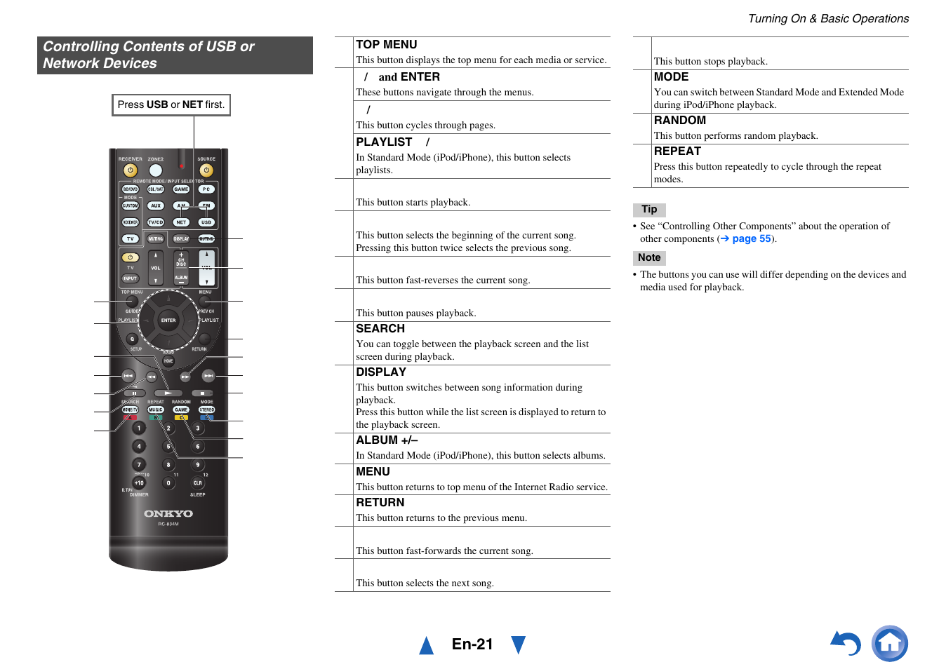 Controlling contents of usb or network devices, En-21 | Onkyo TX-NR414 User Manual | Page 21 / 128
