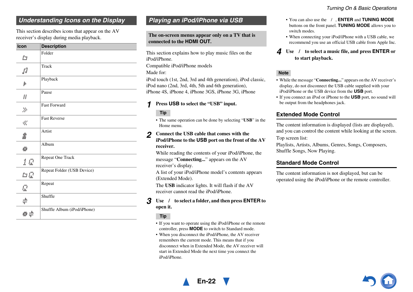 Understanding icons on the display, Playing an ipod/iphone via usb, En-22 | Onkyo TX-NR414 User Manual | Page 22 / 128