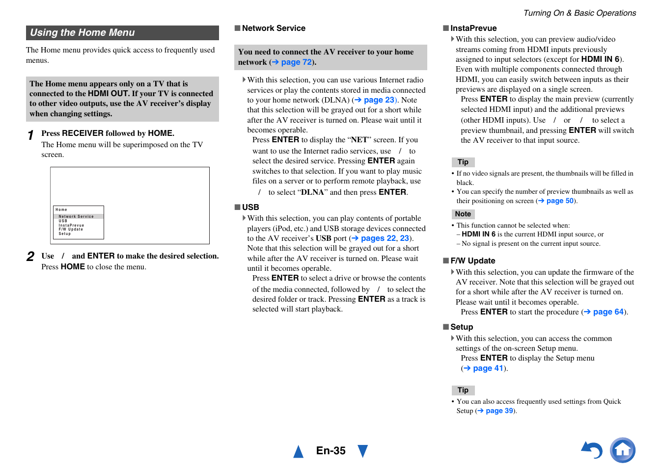 Using the home menu, En-35 | Onkyo TX-NR414 User Manual | Page 35 / 128