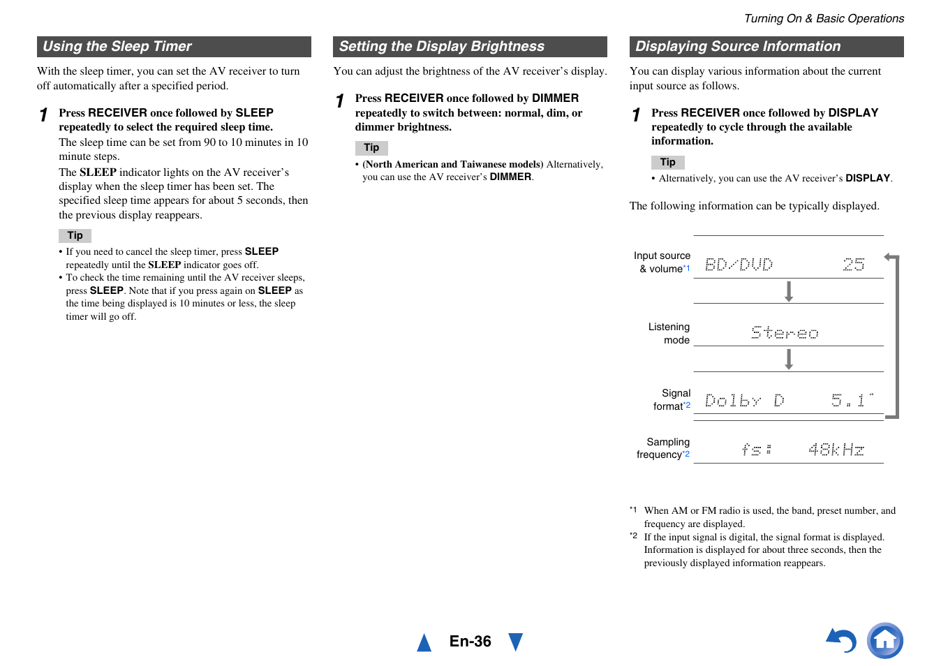 Using the sleep timer, Setting the display brightness, Displaying source information | Models), See “displaying source information, En-36 | Onkyo TX-NR414 User Manual | Page 36 / 128