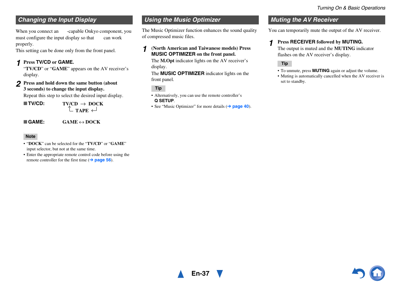 Changing the input display, Using the music optimizer, Muting the av receiver | En-37 | Onkyo TX-NR414 User Manual | Page 37 / 128