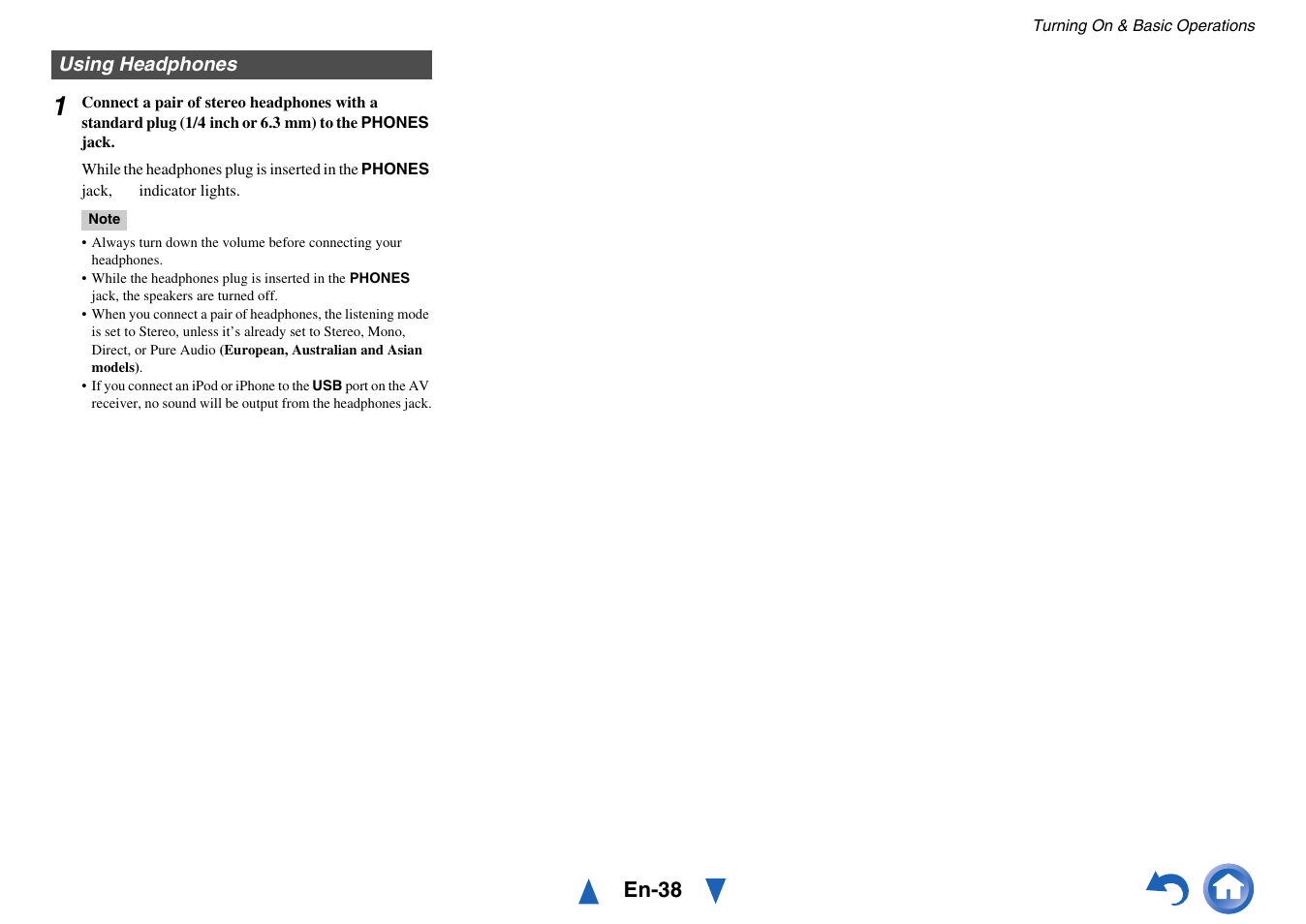 Using headphones, Jack, En-38 | Onkyo TX-NR414 User Manual | Page 38 / 128