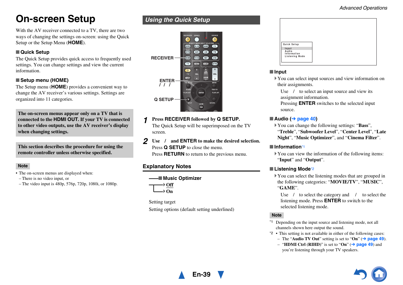 Advanced operations, On-screen setup, Using the quick setup | Button, Setup, En-39 | Onkyo TX-NR414 User Manual | Page 39 / 128