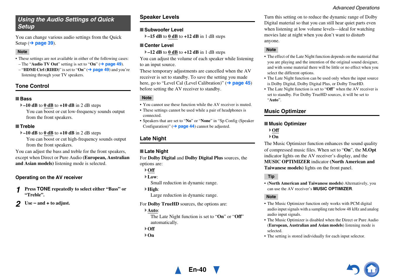 Using the audio settings of quick setup, Music optimizer” f, En-40 | Onkyo TX-NR414 User Manual | Page 40 / 128