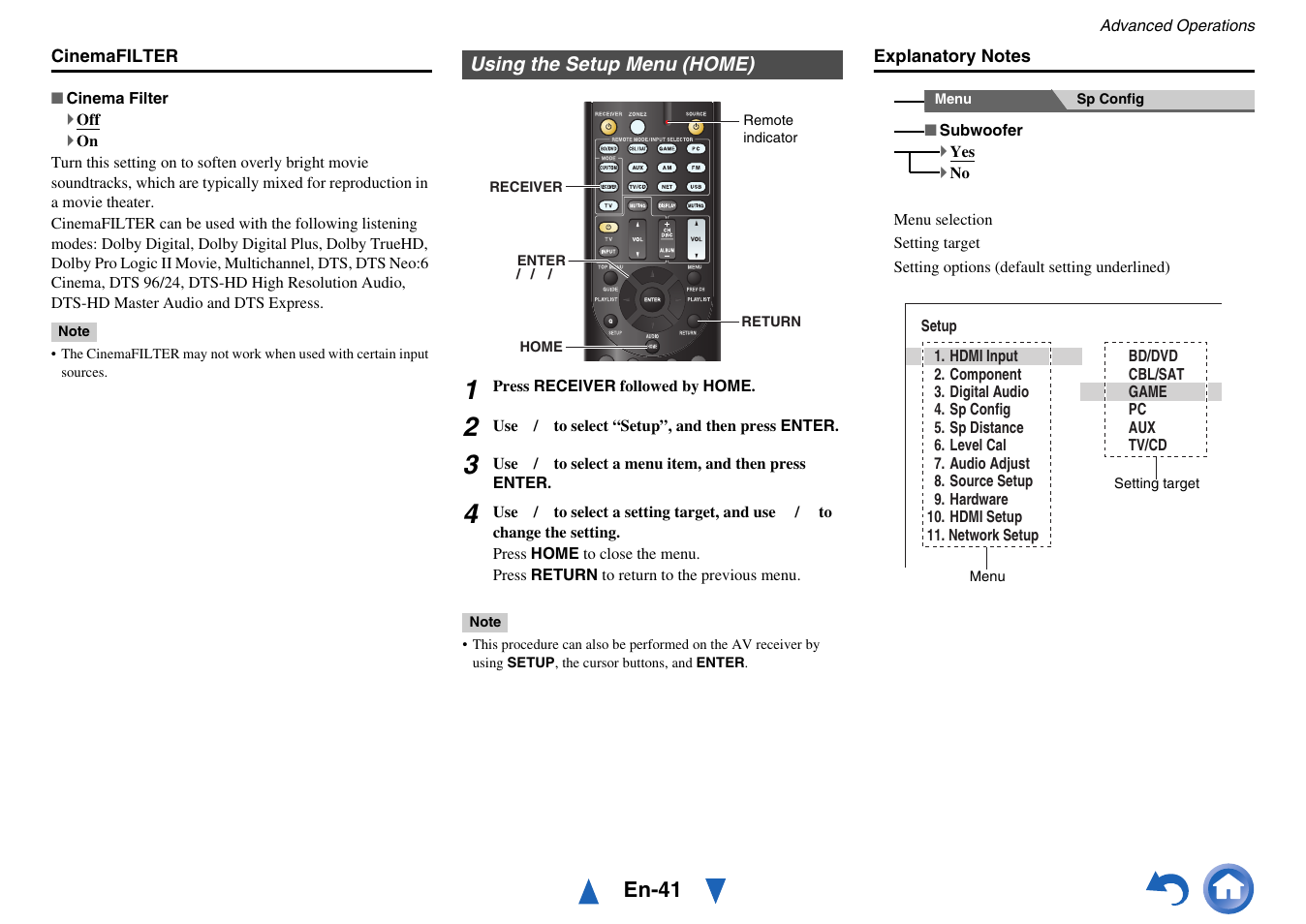 Using the setup menu (home), See “using the setup menu (home)” f, See “using the setup menu (home) | En-41 | Onkyo TX-NR414 User Manual | Page 41 / 128