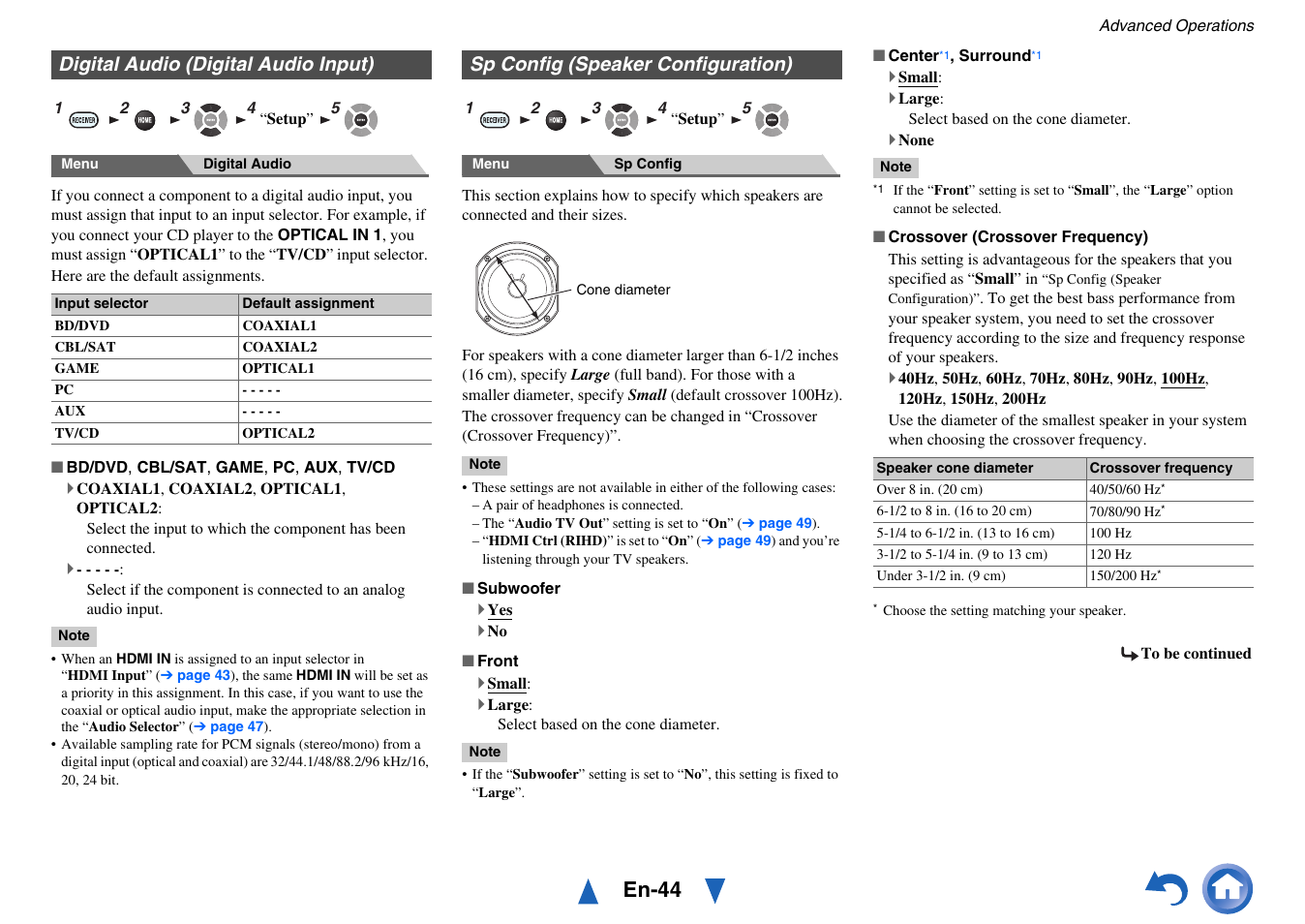 Digital audio (digital audio input), Sp config (speaker configuration), Sp config (speaker configuration)” for | In “sp config (speaker, Configuration), En-44 | Onkyo TX-NR414 User Manual | Page 44 / 128