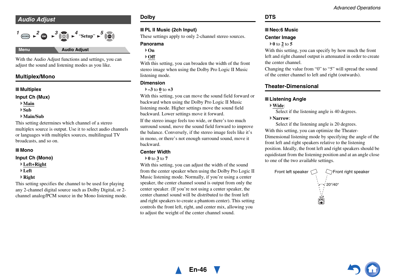 Audio adjust, En-46 | Onkyo TX-NR414 User Manual | Page 46 / 128