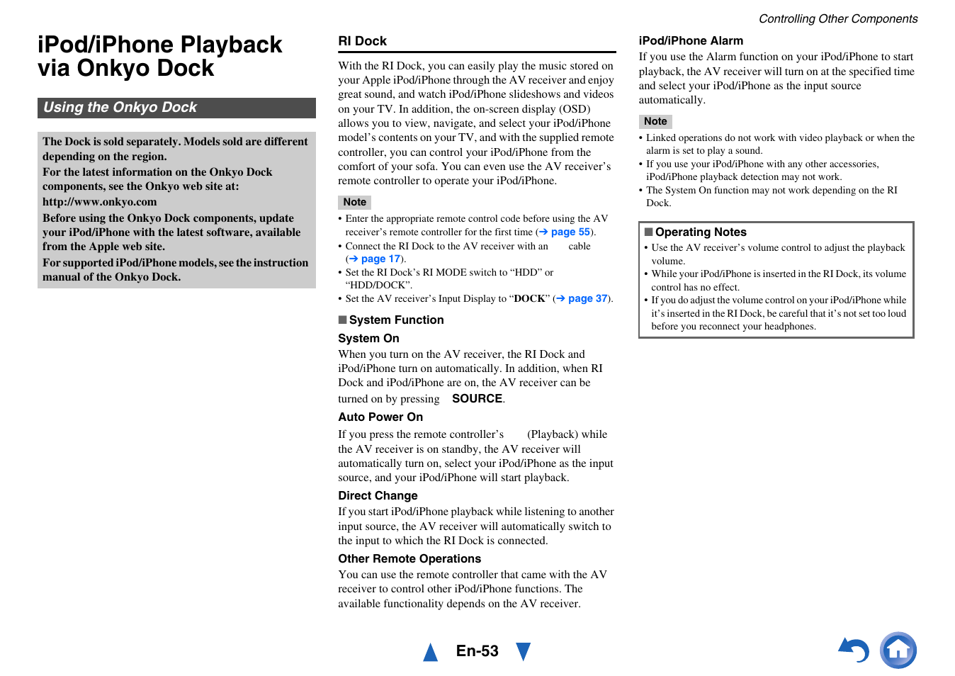 Controlling other components, Ipod/iphone playback via onkyo dock, Using the onkyo dock | En-53 | Onkyo TX-NR414 User Manual | Page 53 / 128