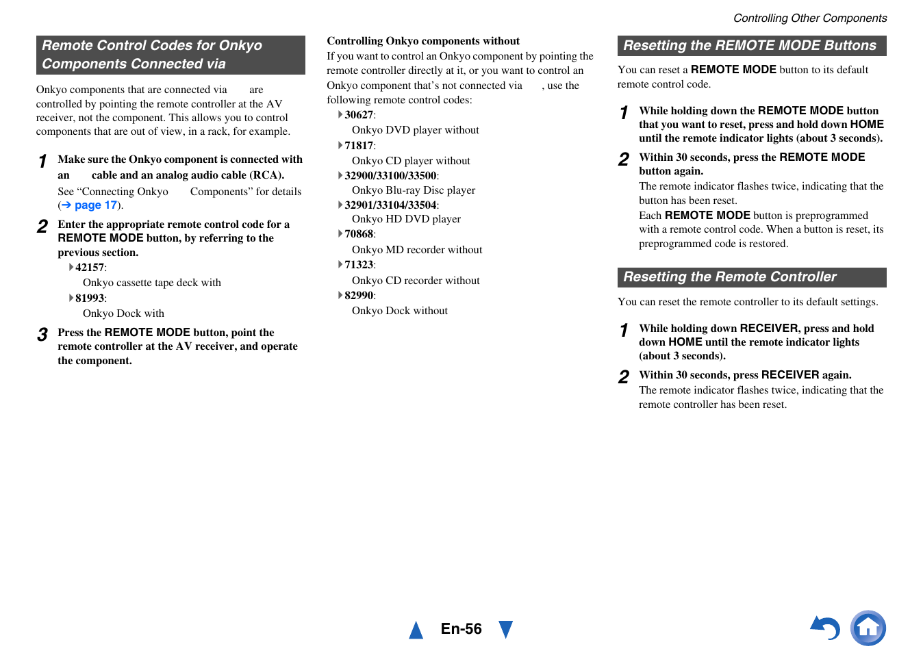 Resetting the remote mode buttons, Resetting the remote controller, Remote control codes for | Onkyo components connected via, E “resetting the remote mode buttons, Player | Onkyo TX-NR414 User Manual | Page 56 / 128