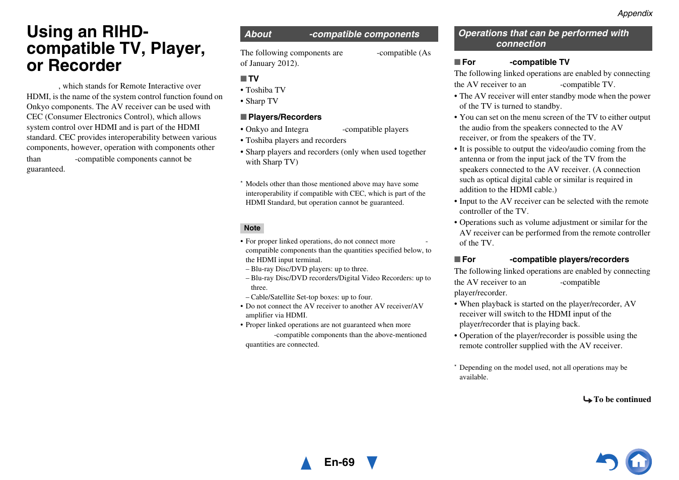 Using an rihd- compatible tv, player, or recorder, Using an rihd-compatible tv, player, Or recorder | Using an rihd-compatible tv, player, or recorder, En-69 | Onkyo TX-NR414 User Manual | Page 69 / 128