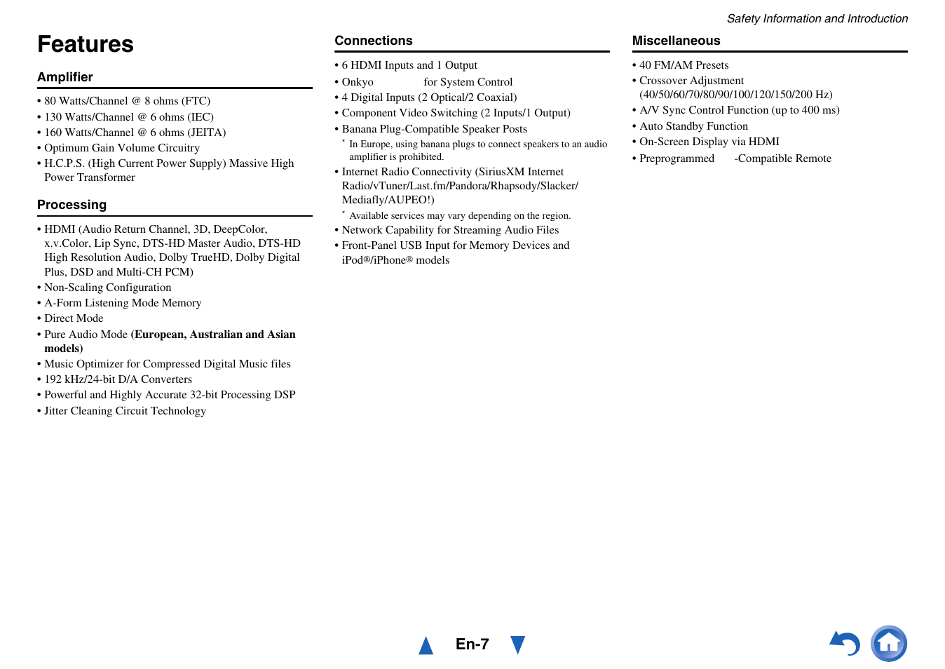 Features, En-7 | Onkyo TX-NR414 User Manual | Page 7 / 128