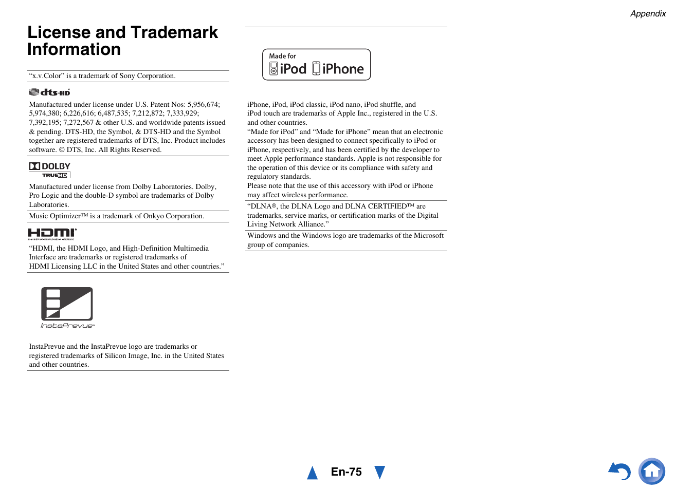 License and trademark information, En-75 | Onkyo TX-NR414 User Manual | Page 75 / 128