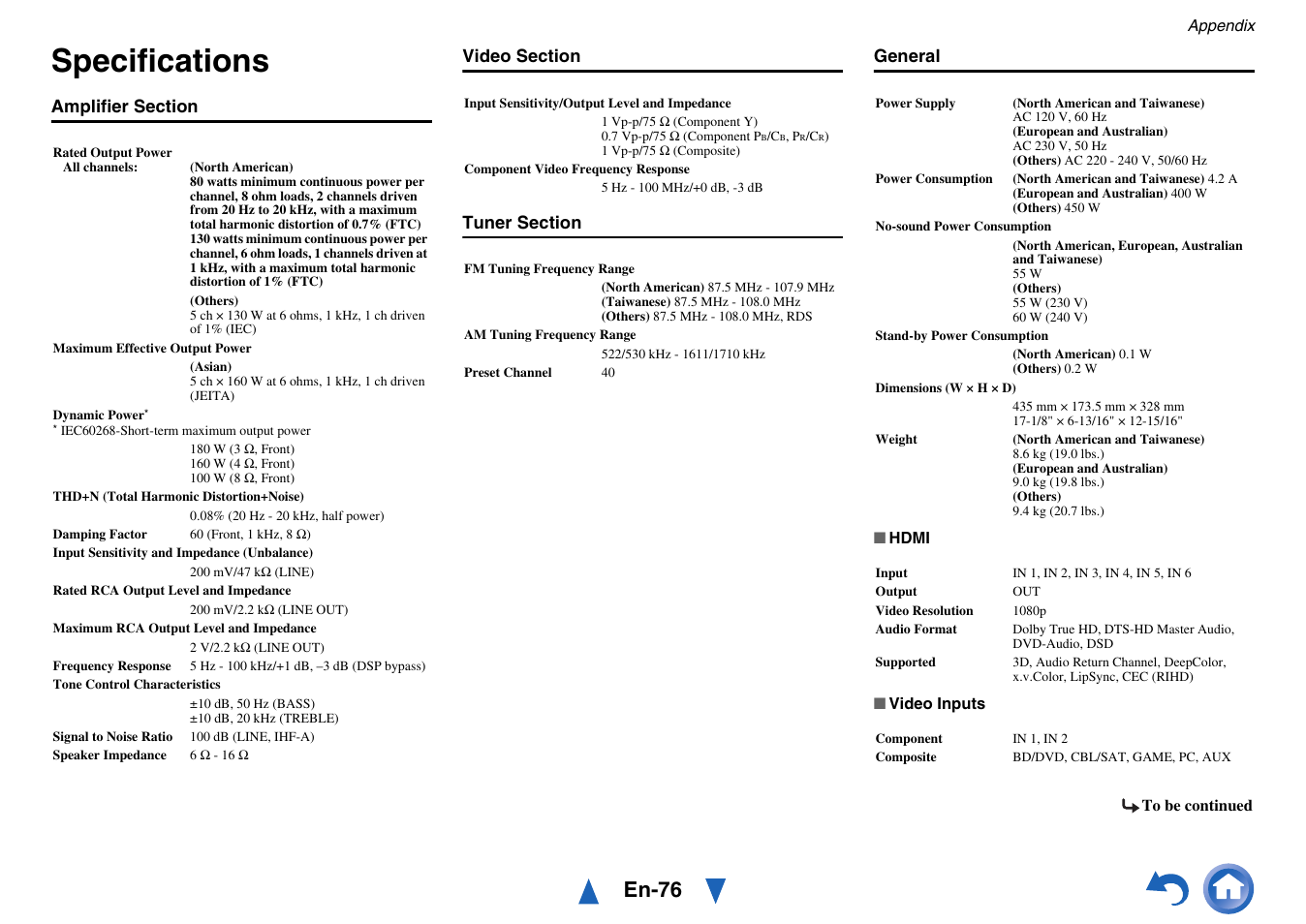 Specifications, En-76 | Onkyo TX-NR414 User Manual | Page 76 / 128