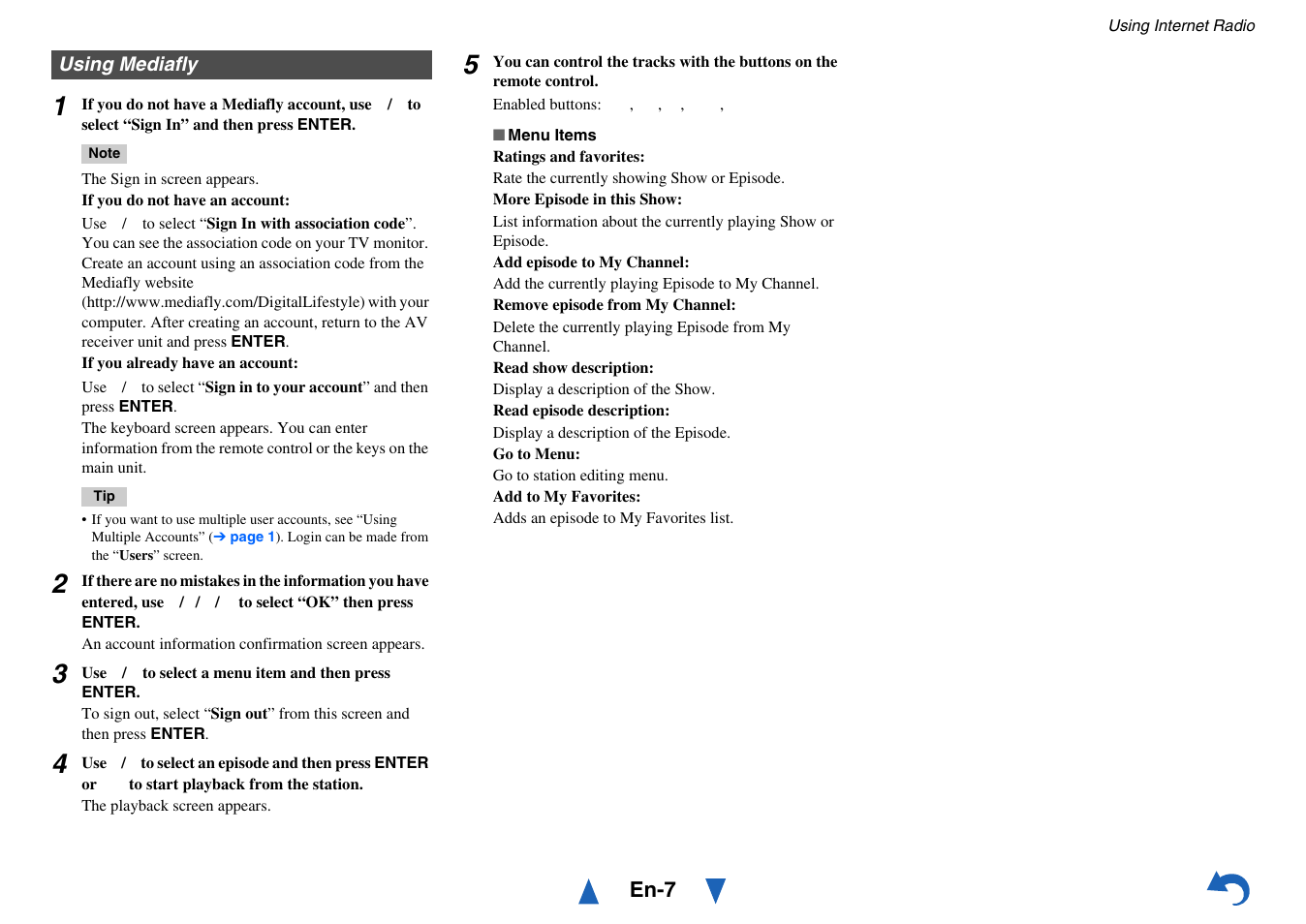 Using mediafly | Onkyo TX-NR414 User Manual | Page 87 / 128