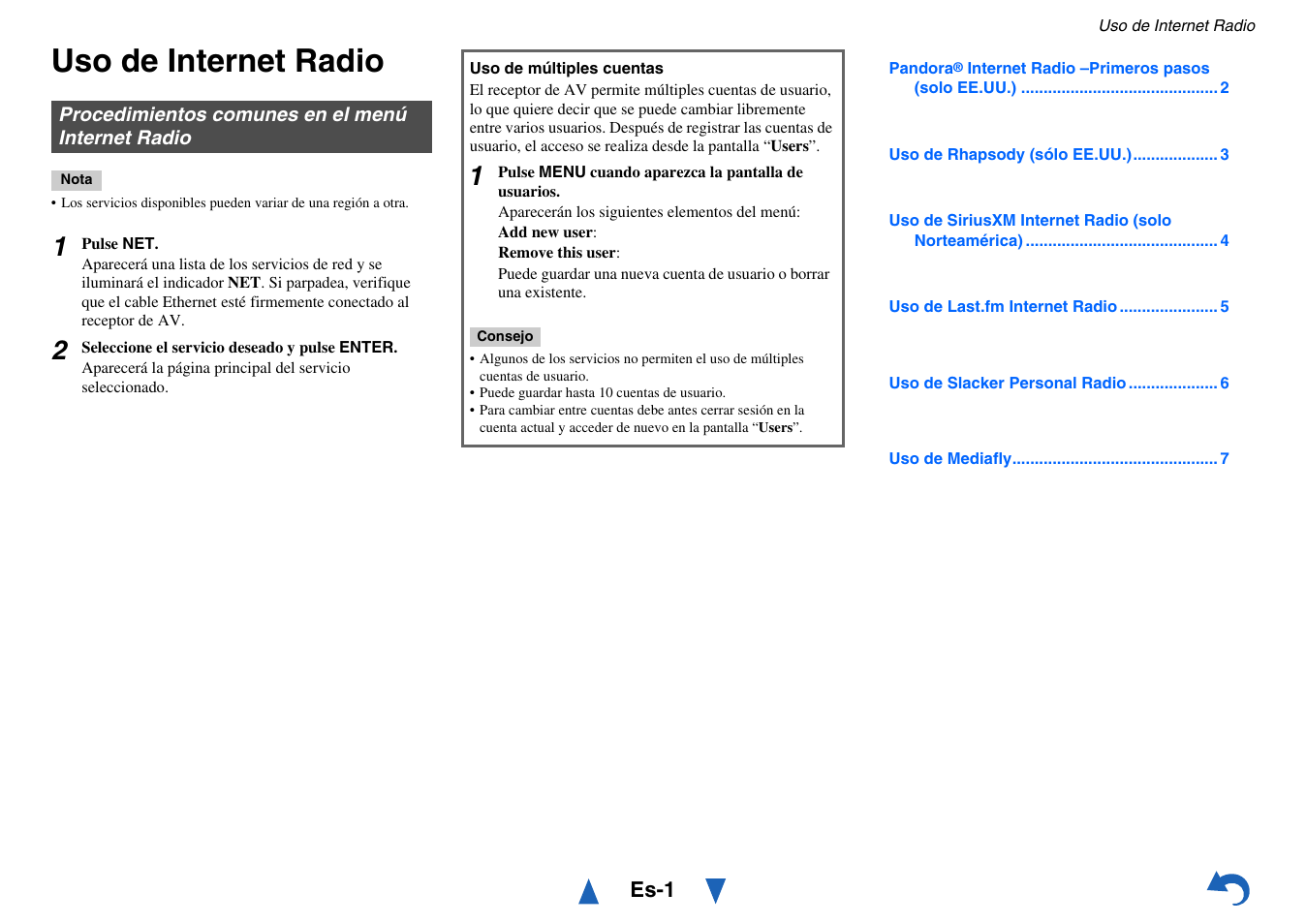 Uso de internet radio, Procedimientos comunes en el menú internet radio | Onkyo TX-NR414 User Manual | Page 97 / 128