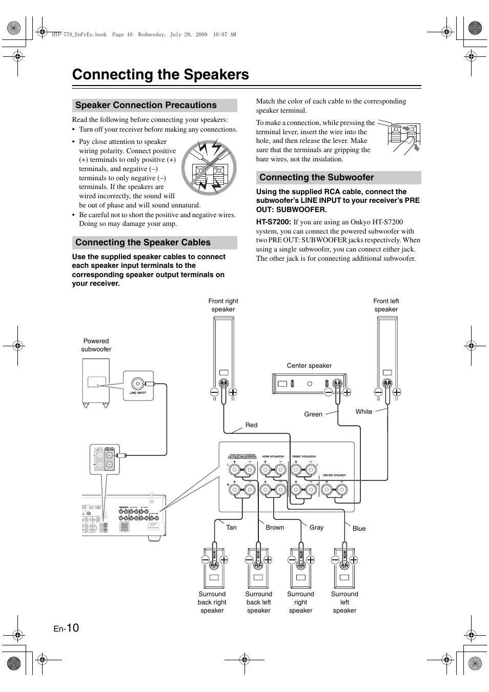 Connecting the speakers, Speaker connection precautions, Connecting the speaker cables | Connecting the subwoofer, En-10 | Onkyo SKS-HT870 User Manual | Page 10 / 43