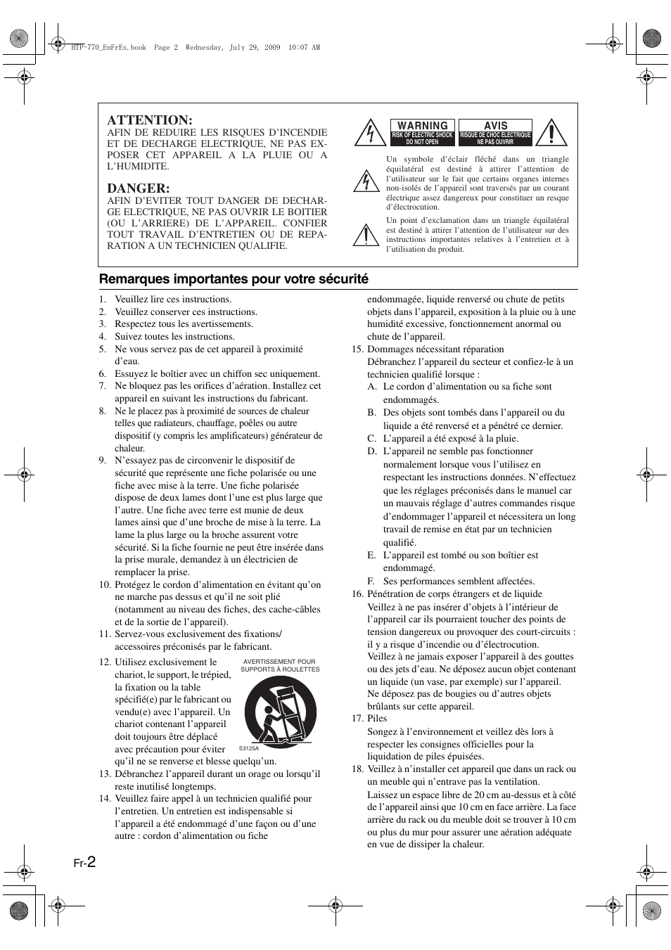 Francais, Remarques importantes pour votre sécurité, Attention | Danger | Onkyo SKS-HT870 User Manual | Page 15 / 43
