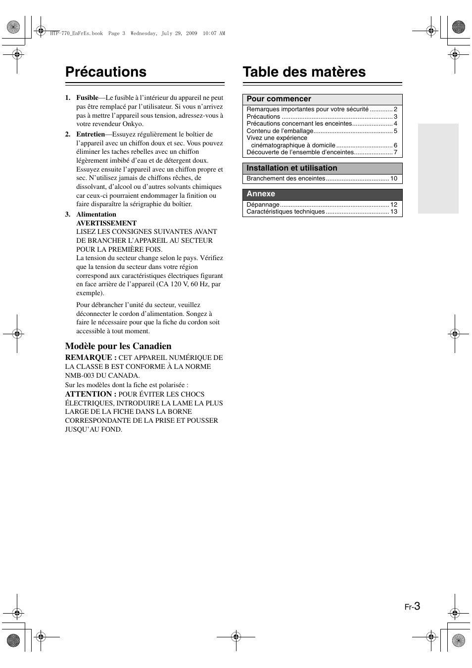 Précautions, Table des matères, Modèle pour les canadien | Onkyo SKS-HT870 User Manual | Page 16 / 43