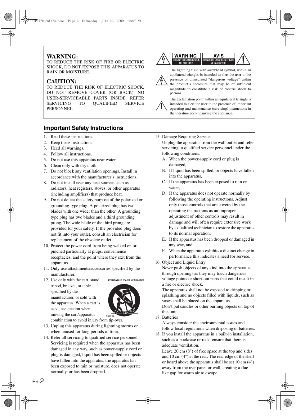 English, Important safety instructions, En-2 | Warning, Caution | Onkyo SKS-HT870 User Manual | Page 2 / 43