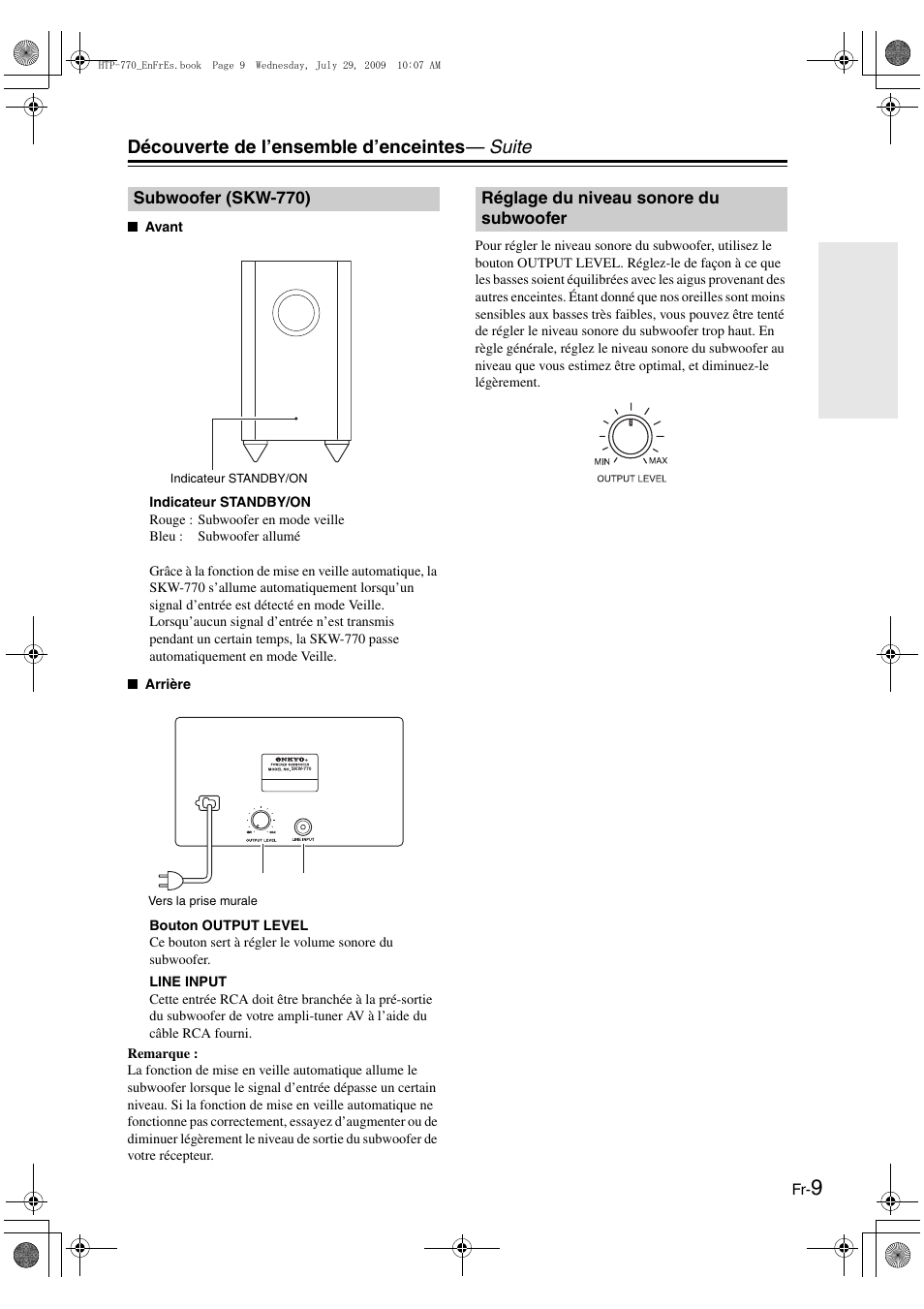 Subwoofer (skw-770), Réglage du niveau sonore du subwoofer, Découverte de l’ensemble d’enceintes — suite | Onkyo SKS-HT870 User Manual | Page 22 / 43