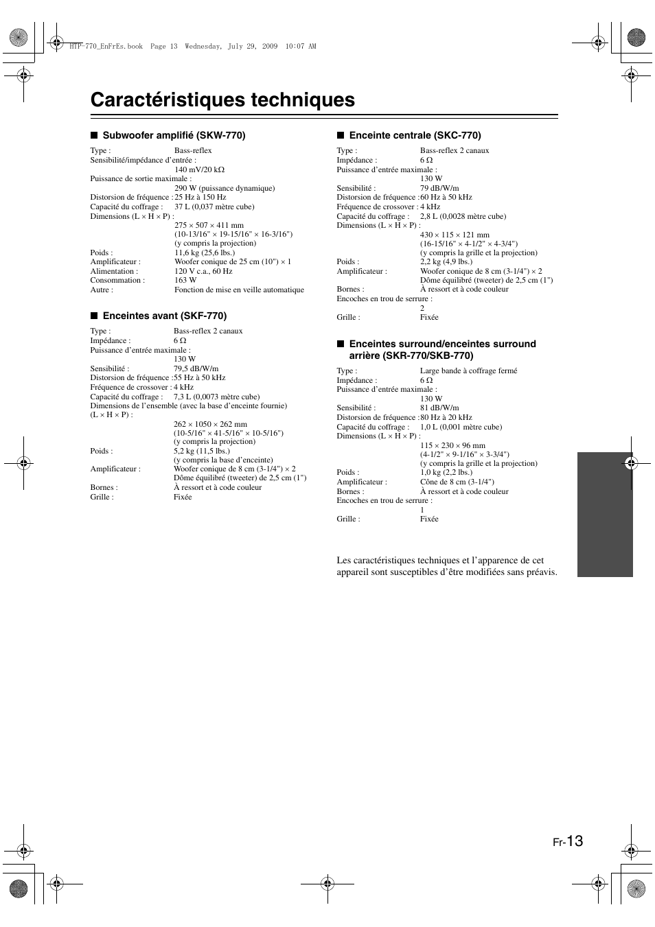 Caractéristiques techniques | Onkyo SKS-HT870 User Manual | Page 26 / 43