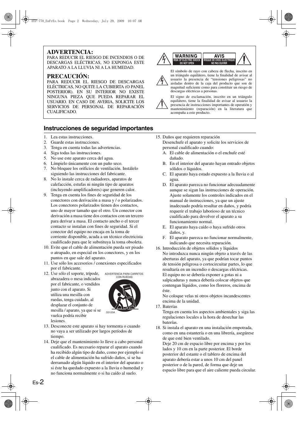 Espanol, Instrucciones de seguridad importantes, Es-2 | Advertencia, Precaución | Onkyo SKS-HT870 User Manual | Page 28 / 43