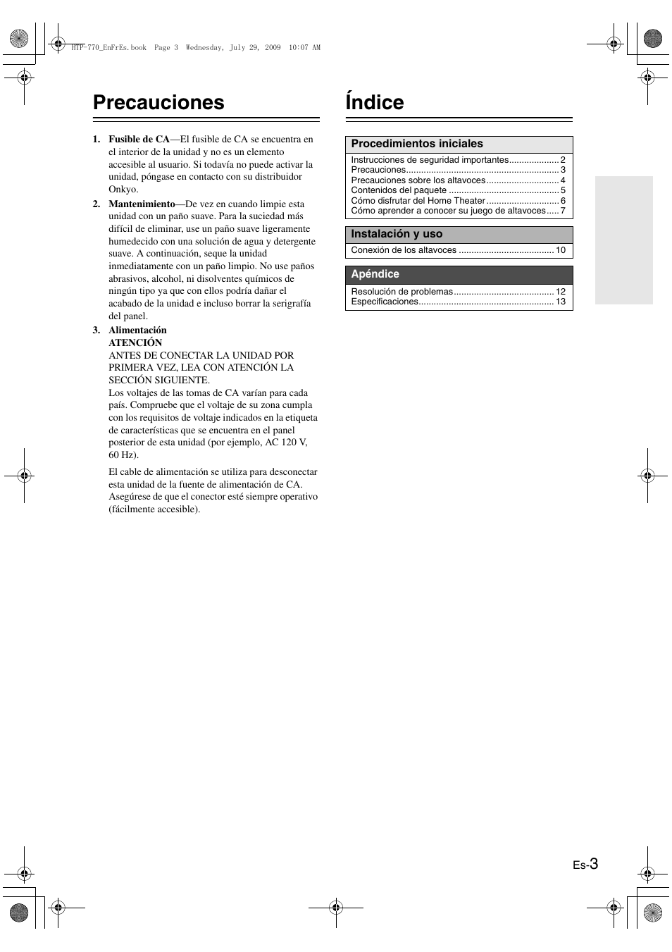 Precauciones, Índice | Onkyo SKS-HT870 User Manual | Page 29 / 43