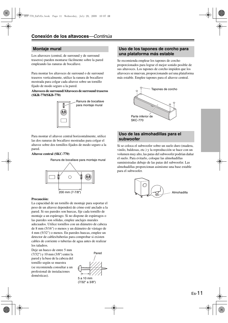 Montaje mural, Uso de las almohadillas para el subwoofer, Conexión de los altavoces —continúa | Onkyo SKS-HT870 User Manual | Page 37 / 43