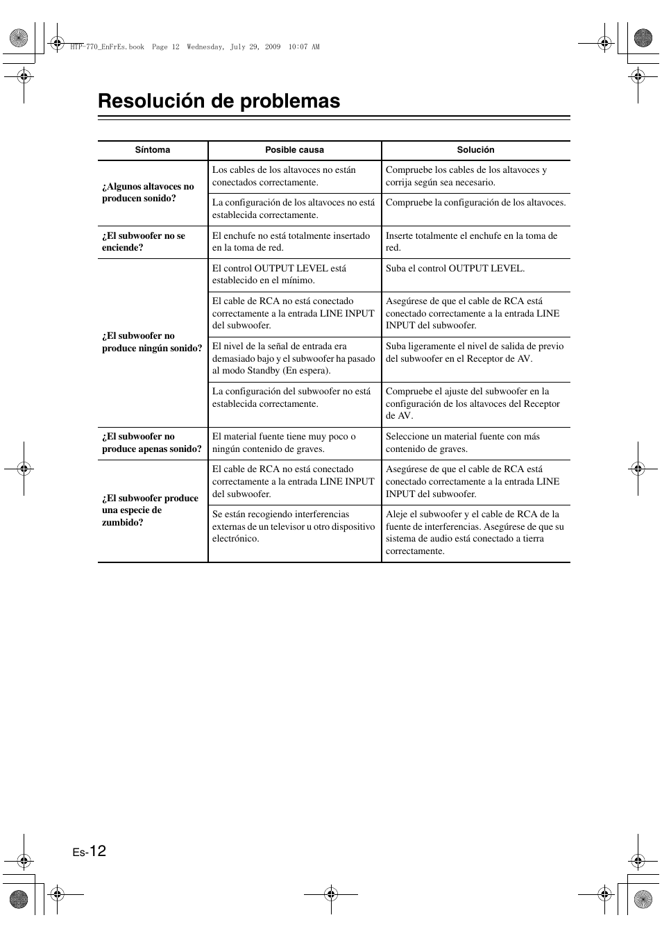 Resolución de problemas, Es-12 | Onkyo SKS-HT870 User Manual | Page 38 / 43