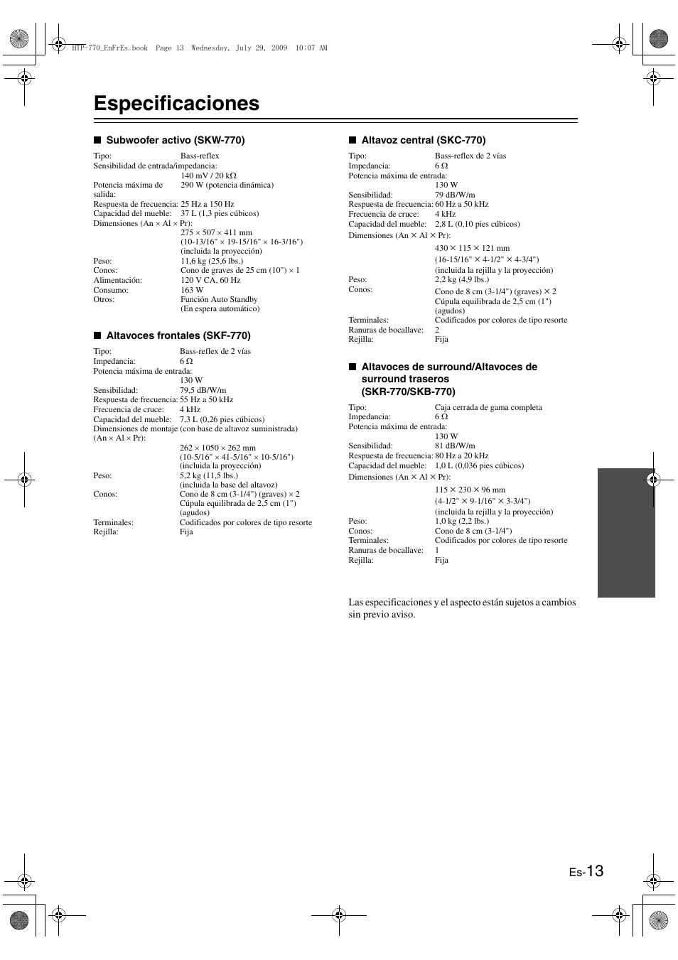 Especificaciones | Onkyo SKS-HT870 User Manual | Page 39 / 43