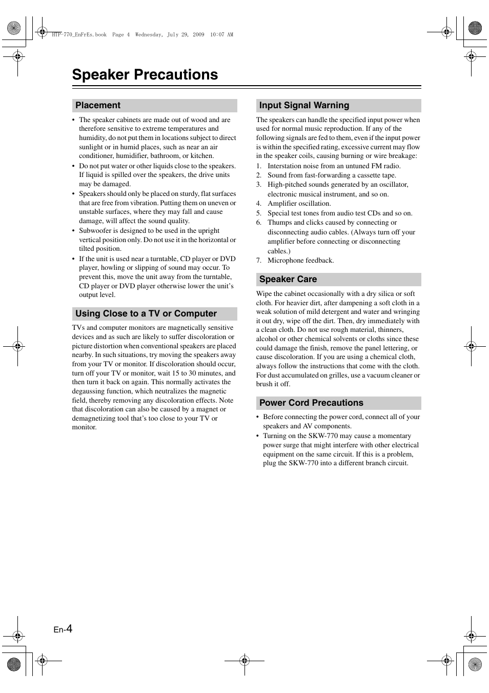 Speaker precautions, Placement, Using close to a tv or computer | Input signal warning, Speaker care, Power cord precautions | Onkyo SKS-HT870 User Manual | Page 4 / 43