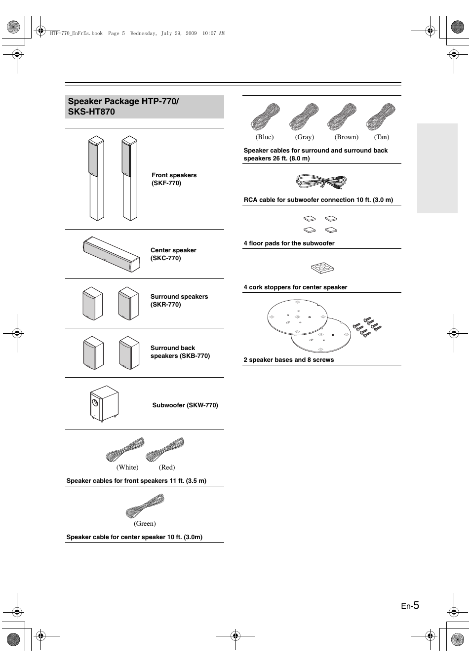 Package contents, Speaker package htp-770/ sks-ht870, Dock for ipod up-a1 | Onkyo SKS-HT870 User Manual | Page 5 / 43