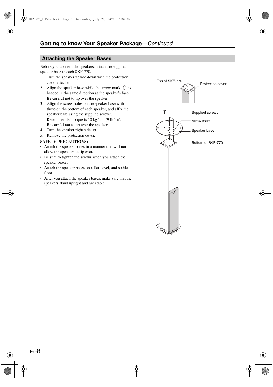 Attaching the speaker bases, Getting to know your speaker package —continued | Onkyo SKS-HT870 User Manual | Page 8 / 43