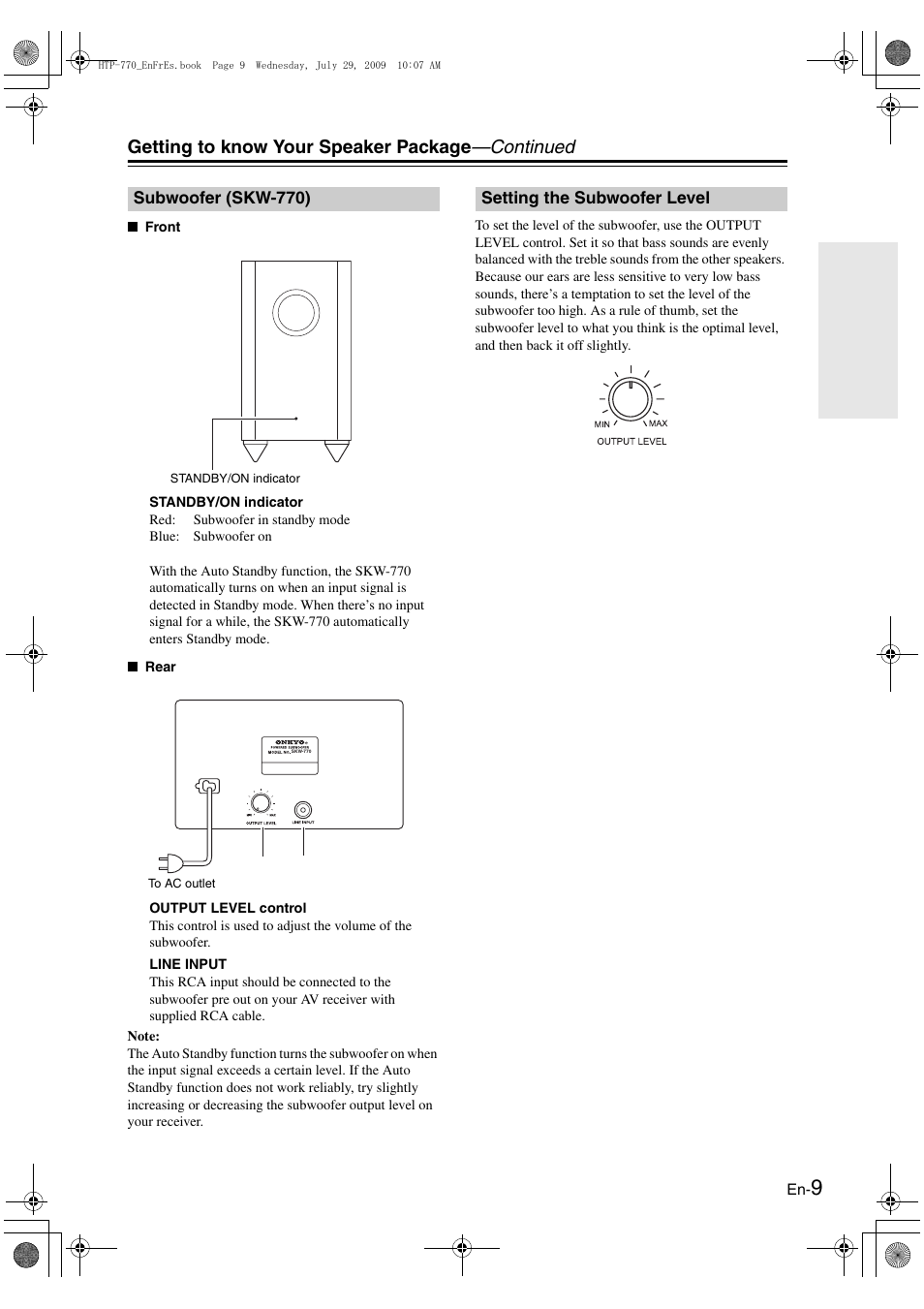 Subwoofer (skw-770), Setting the subwoofer level, Getting to know your speaker package —continued | Onkyo SKS-HT870 User Manual | Page 9 / 43