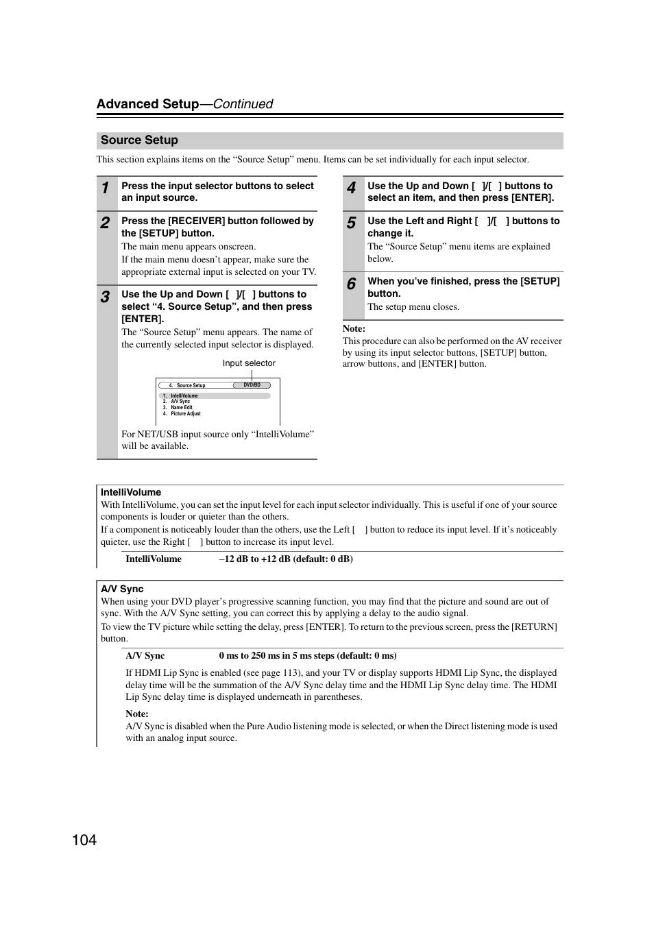 Source setup, Advanced setup —continued | Onkyo TX-NR5007 User Manual | Page 104 / 164