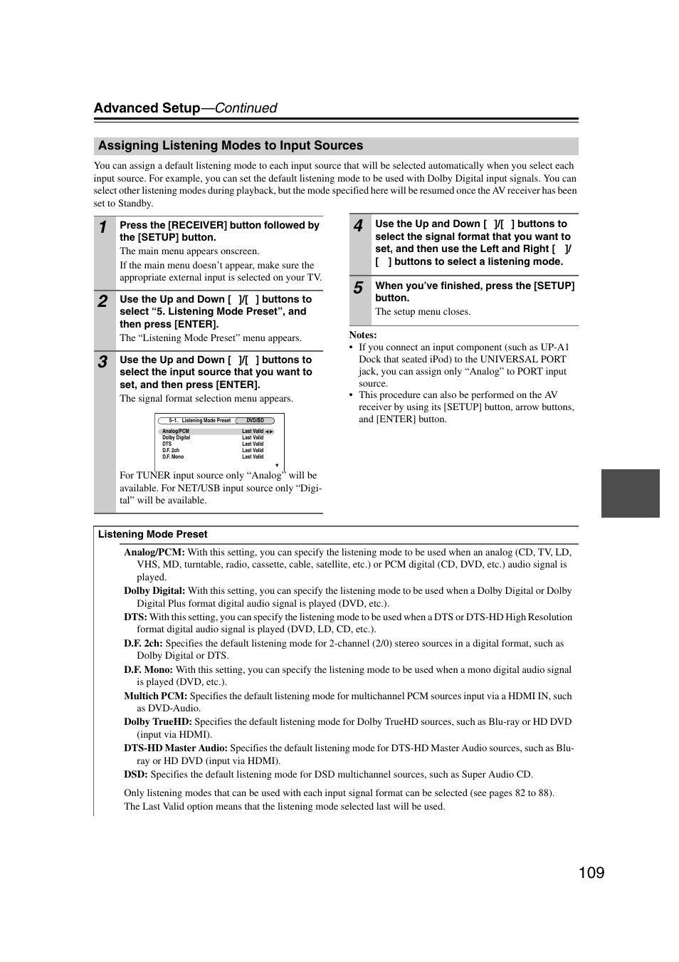 Assigning listening modes to input sources, Advanced setup —continued | Onkyo TX-NR5007 User Manual | Page 109 / 164
