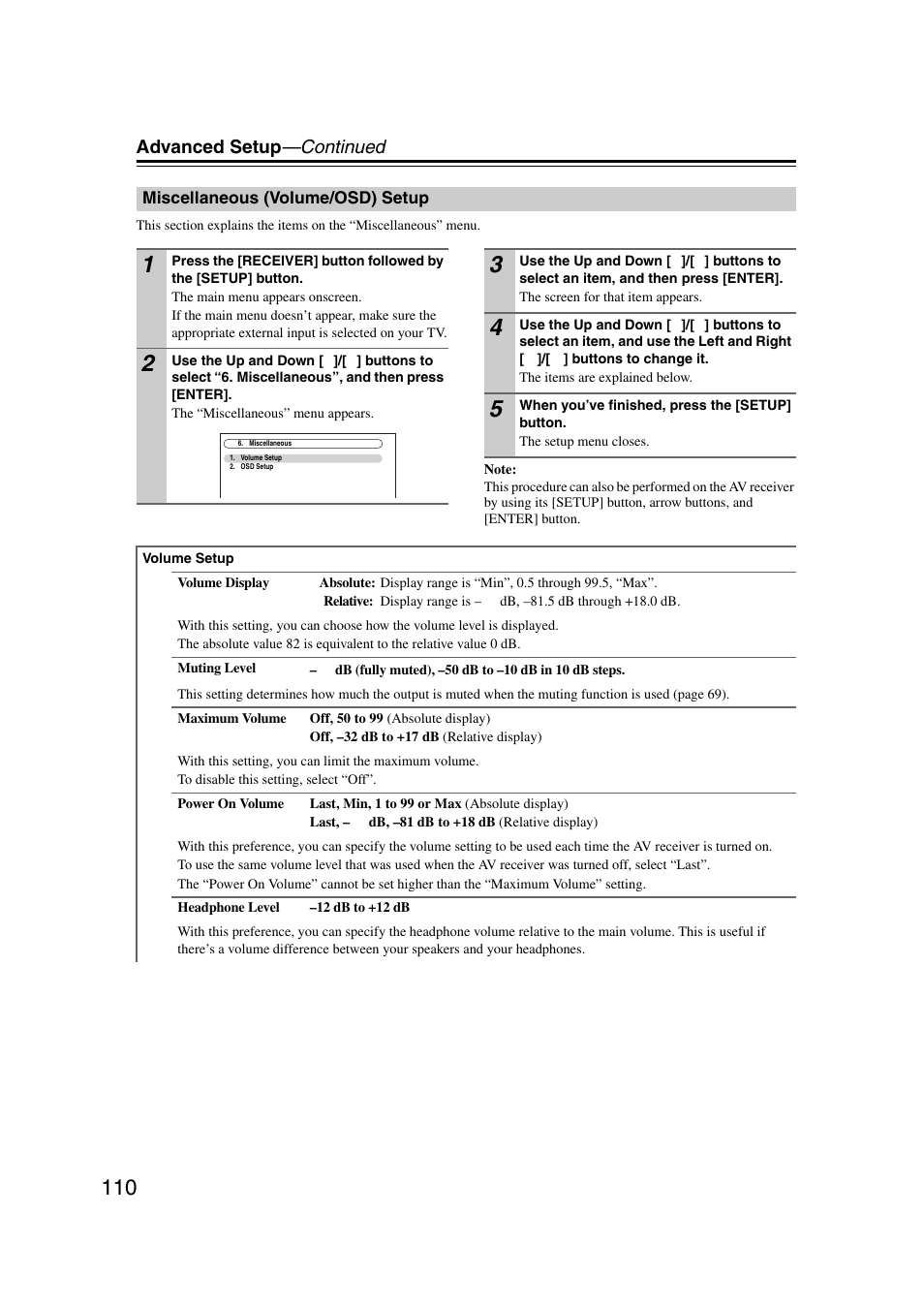 Miscellaneous (volume/osd) setup, Advanced setup —continued | Onkyo TX-NR5007 User Manual | Page 110 / 164