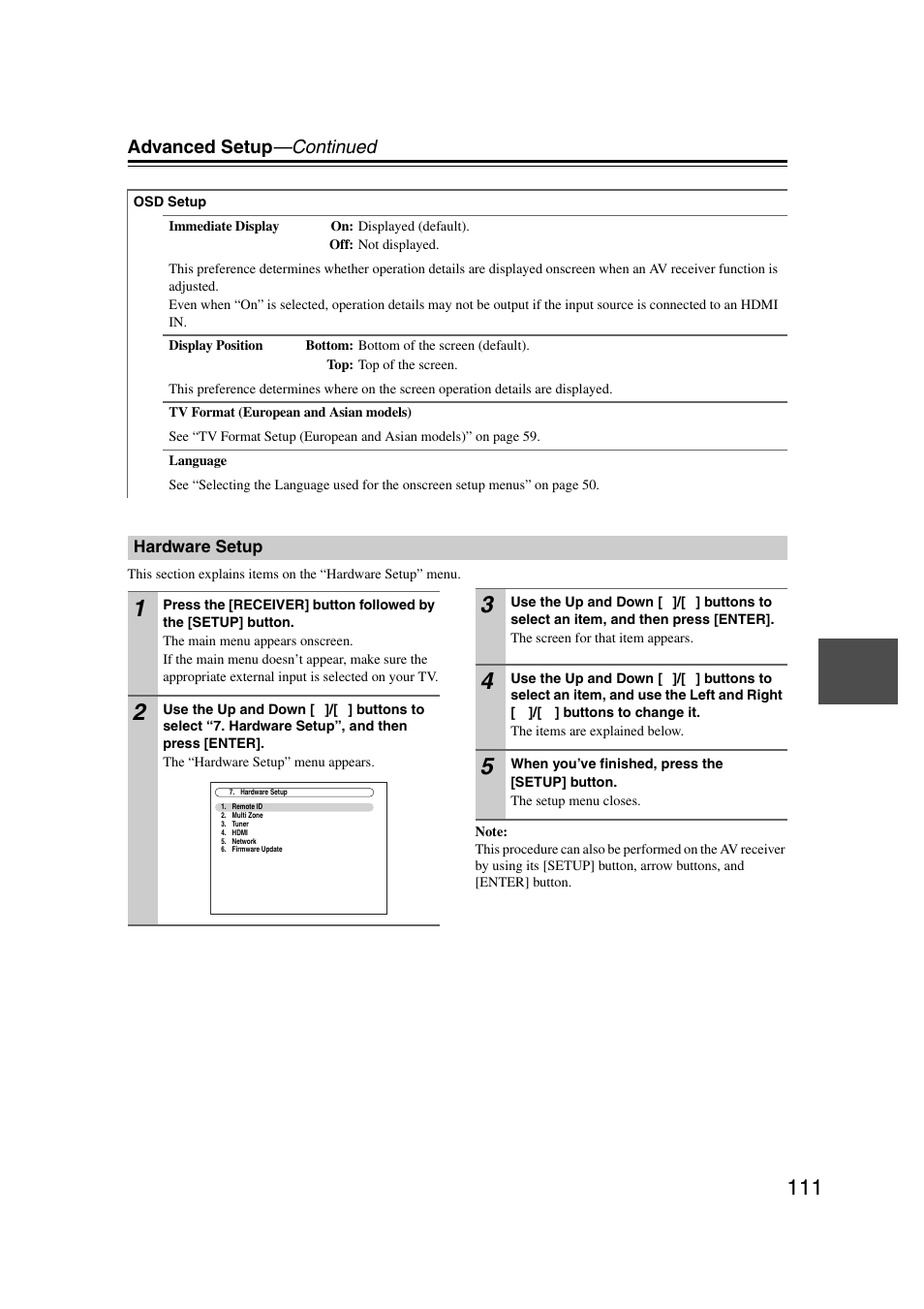 Hardware setup, Advanced setup —continued | Onkyo TX-NR5007 User Manual | Page 111 / 164