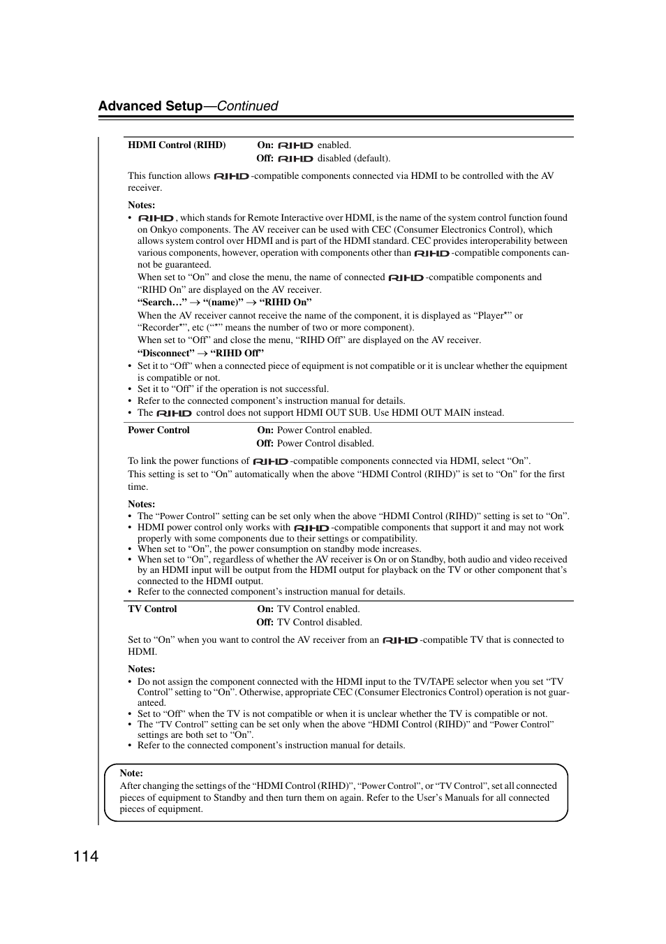 Hdmi control (rihd)” t, Advanced setup —continued | Onkyo TX-NR5007 User Manual | Page 114 / 164