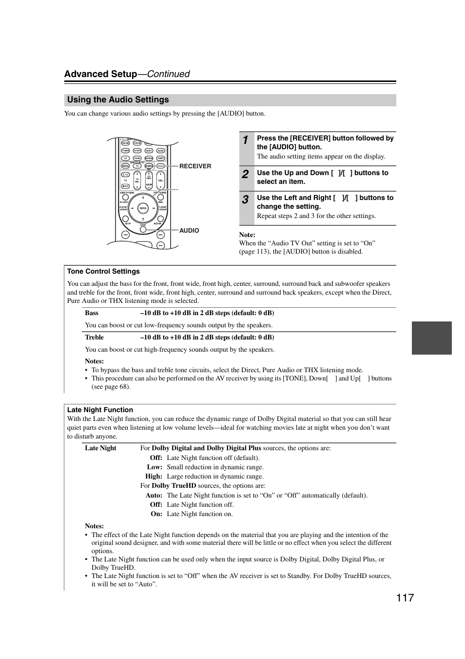Using the audio settings, Advanced setup —continued | Onkyo TX-NR5007 User Manual | Page 117 / 164