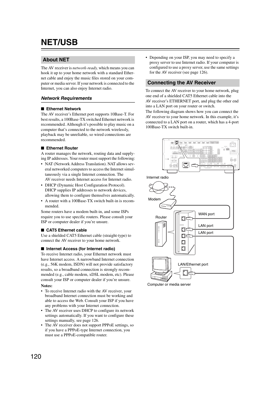 Net/usb, About net, Connecting the av receiver | About net connecting the av receiver | Onkyo TX-NR5007 User Manual | Page 120 / 164