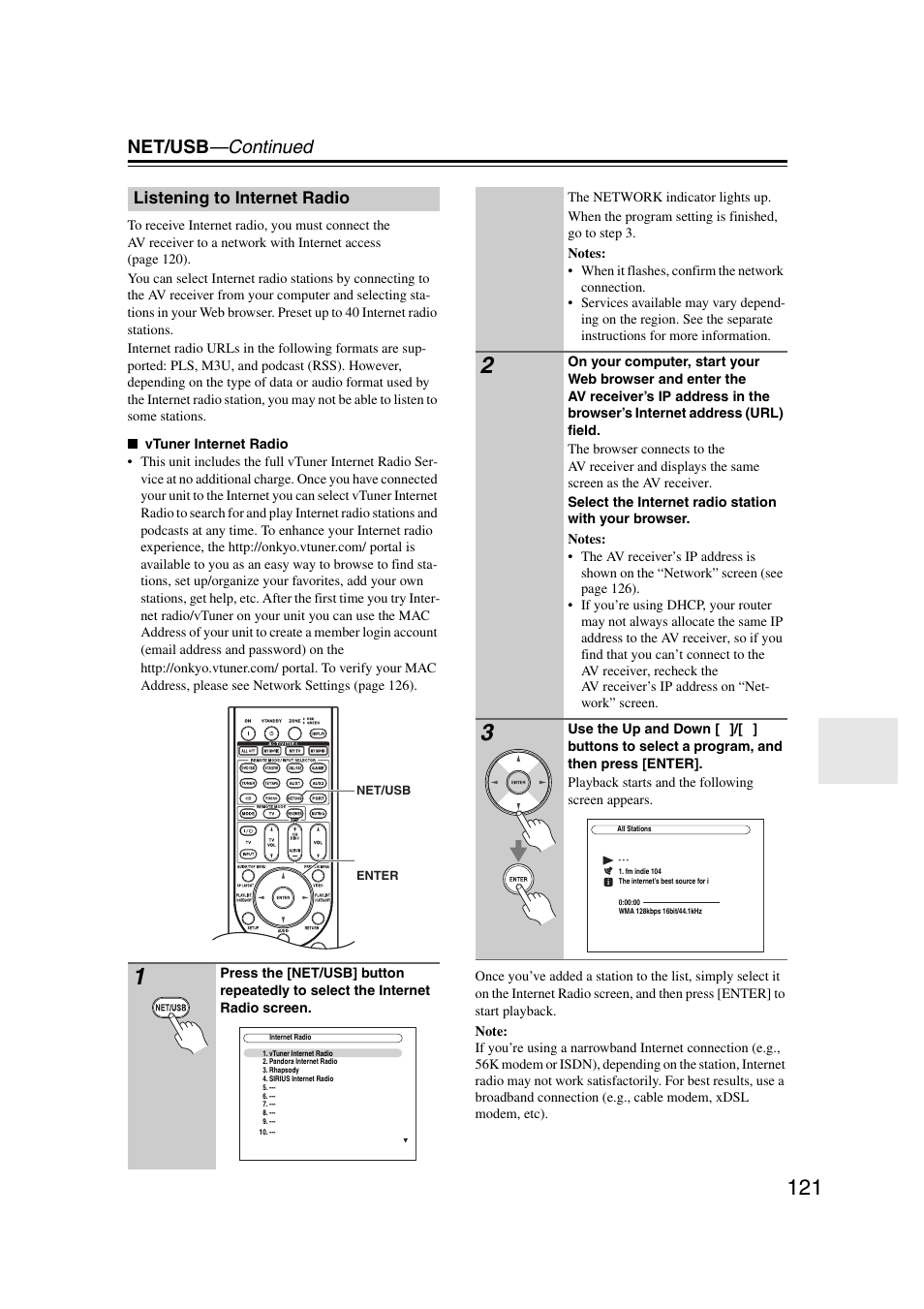 Listening to internet radio, Net/usb —continued | Onkyo TX-NR5007 User Manual | Page 121 / 164