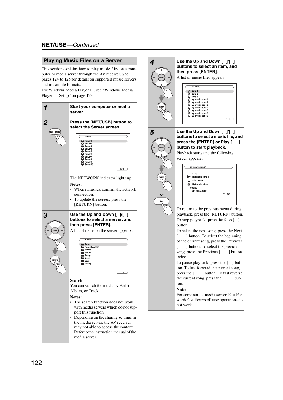 Playing music files on a server, Net/usb —continued | Onkyo TX-NR5007 User Manual | Page 122 / 164