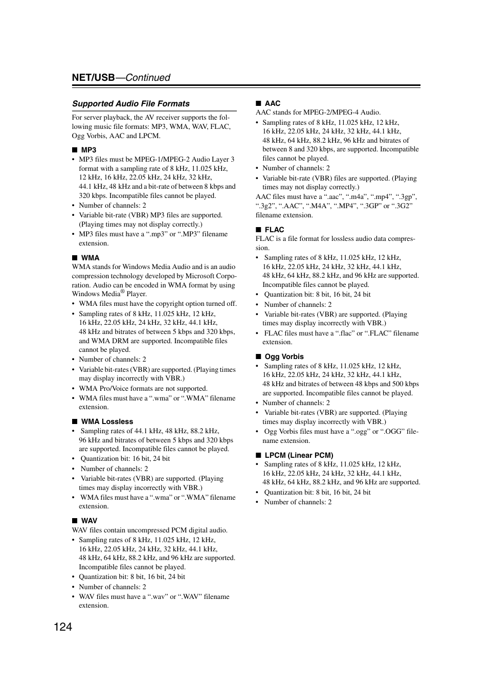 Net/usb —continued | Onkyo TX-NR5007 User Manual | Page 124 / 164