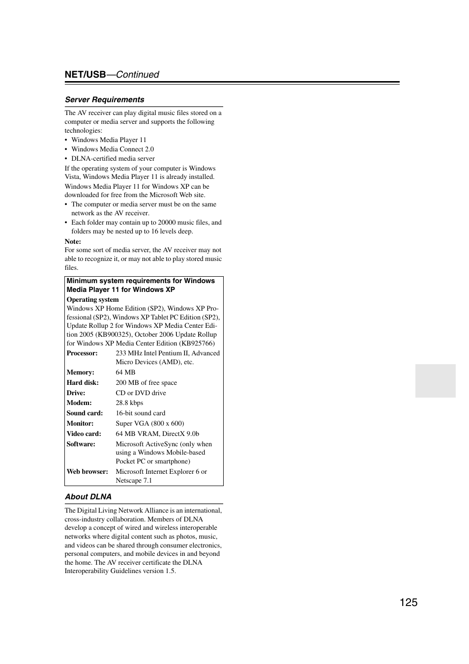 5 for details on supported music serv, Net/usb —continued | Onkyo TX-NR5007 User Manual | Page 125 / 164